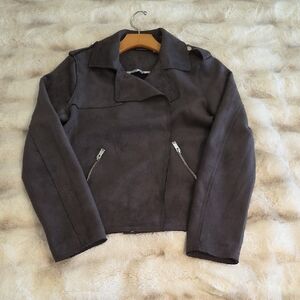 T Tahari Charcoal Gray Faux Leather Jacket with Subtle Trim